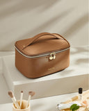 Prite Makeup Bag, Large Capacity Portable Travel Cosmetic Bag, Waterproof Makeup Organizer for Women with Handle and Divider (001 Brown)