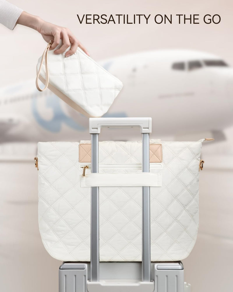 Prite Tote Bag for Women Lightweight Puffer Tote with Compartment Quilted Work Bag(Beige)