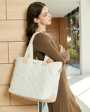 Prite Tote Bag for Women Lightweight Puffer Tote with Compartment Quilted Work Bag(Beige)