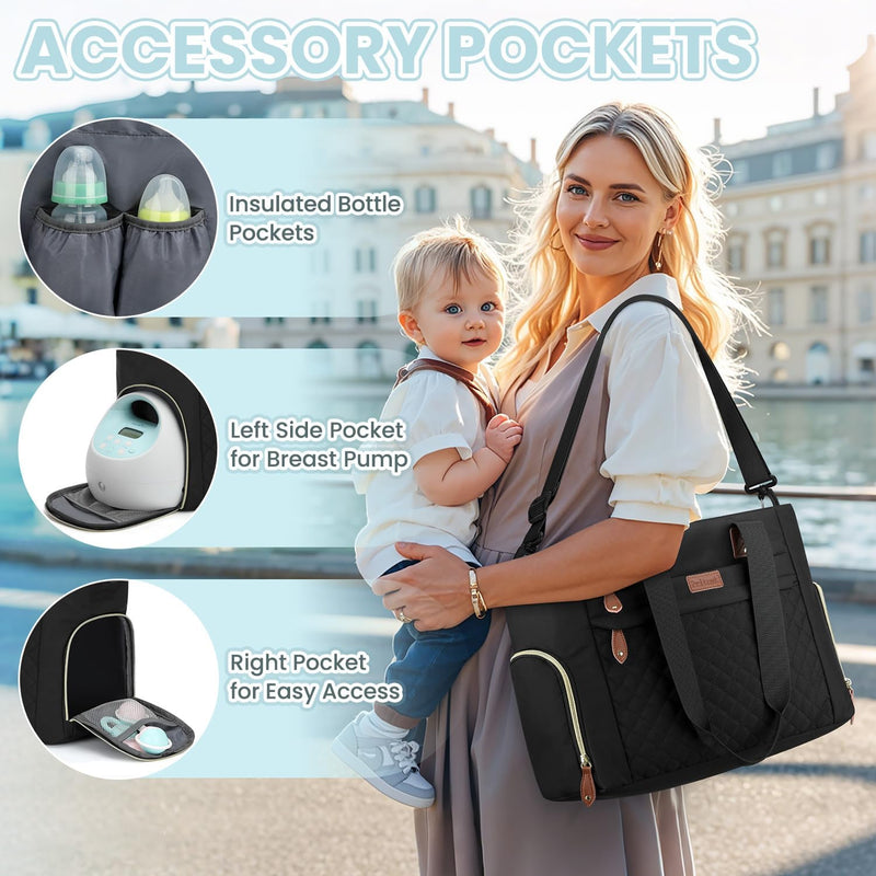 Pritent Diaper Bag Tote for Working Mom, Large Travel Diaper Tote for Mom and Dad with 14 Inch Laptop Sleeve, Mommy Maternity Travel Baby Bag for Boys and Girls, Black