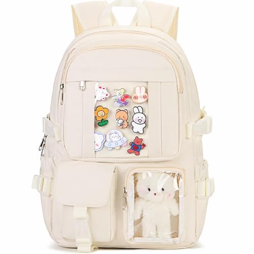 PRLINJSK Kawaii Backpack for Teen Girls, Cute Aesthetic High Middle School College Bookbag with Accessories, Beige | Backpacks4Less