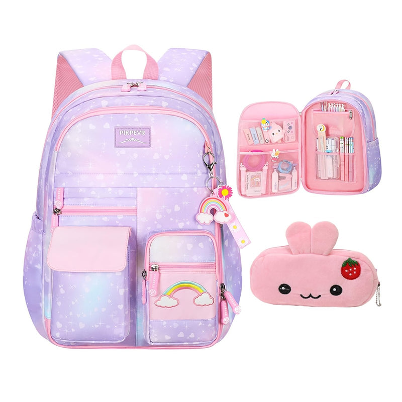 PRNGCAN Girls Backpack Starry Rainbow Bookbag Cute Large Capacity Backpack Multifunction Fashion Casual Laptop Travel Bag For Girl (Purple - 17inch)