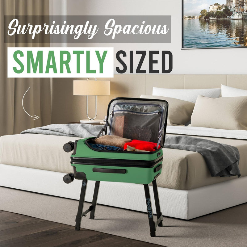 Props 22” Luxury Carry on luggage with wheels - Built - In Desk Luggage Stand - TSA Approved rolling carry on suitcase - Expandable & Lightweight airport luggage for Business Travel (Sage)