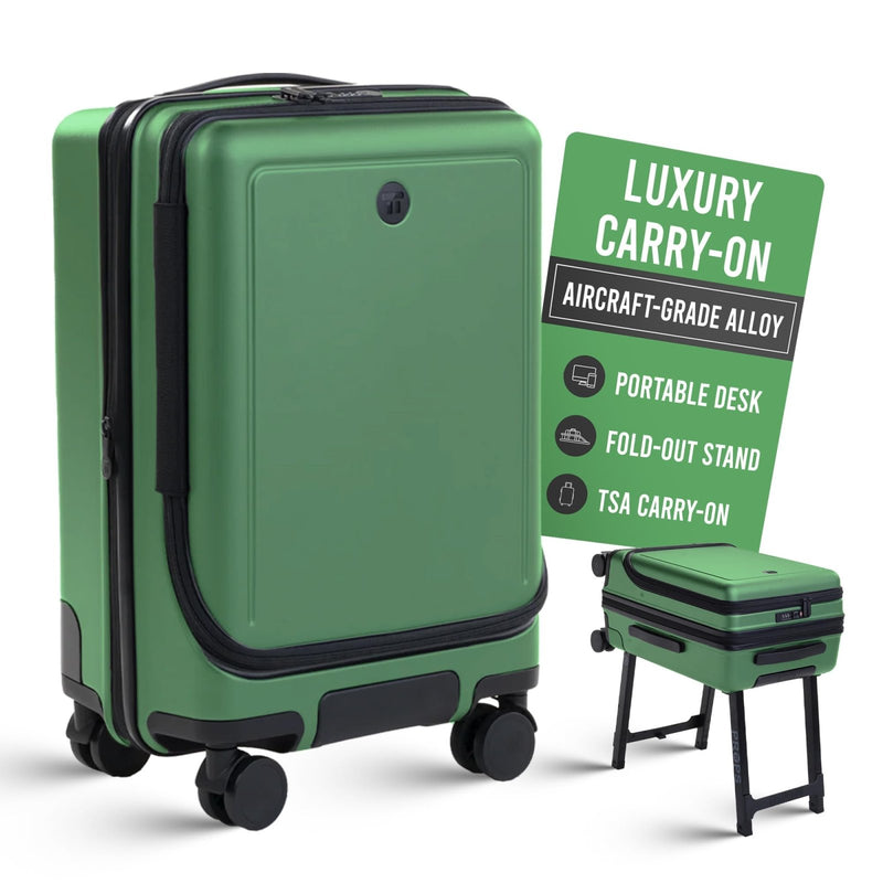 Props 22” Luxury Carry on luggage with wheels - Built - In Desk Luggage Stand - TSA Approved rolling carry on suitcase - Expandable & Lightweight airport luggage for Business Travel (Sage)