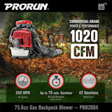 PRORUN 75.6cc 1020 CFM 240 MPH Gas - Powered 2 - Cycle Backpack Leaf Blower, PBB2884
