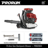 PRORUN 75.6cc 1020 CFM 240 MPH Gas - Powered 2 - Cycle Backpack Leaf Blower, PBB2884