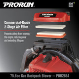 PRORUN 75.6cc 1020 CFM 240 MPH Gas - Powered 2 - Cycle Backpack Leaf Blower, PBB2884