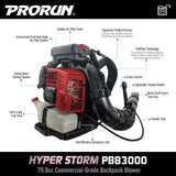 PRORUN PBB3000 Gas Backpack Leaf Blower, 79.9cc Commercial - Grade, 250 MPH, 1125 CFM, 50N