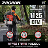 PRORUN PBB3000 Gas Backpack Leaf Blower, 79.9cc Commercial - Grade, 250 MPH, 1125 CFM, 50N