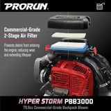 PRORUN PBB3000 Gas Backpack Leaf Blower, 79.9cc Commercial - Grade, 250 MPH, 1125 CFM, 50N