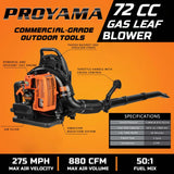 PROYAMA 72CC Gas Backpack Leaf Blower, 2 - Cycle 880CFM 275MPH Gas Powered Engine, 2 in 1 Nozzle Low Vibration and Ergonomic Design with Cruise Control for Outdoor GardenYard Cleaning and Snow Removal