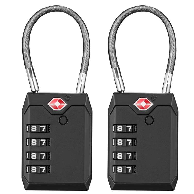 Puroma TSA Locks for Luggage, 2 Pack Luggage Locks TSA Approved 4 - Digit Combination Cable Travel Lock Zinc Alloy for Suitcases, Bags, Toolboxes, Backpacks & Gym Lockers (Black)