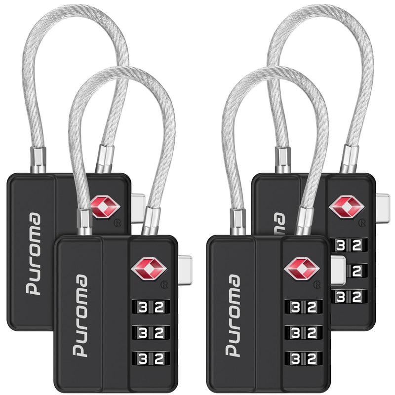 Puroma TSA Locks for Luggage, 4 Pack Cable Lightweight Luggage Locks TSA Approved 4 - Digit Combination Padlock for Suitcases, Bags, Toolboxes, Backpacks & Gym Lockers (Black)