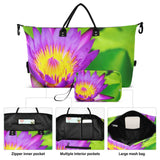 Purple Water Lily Bloom Green Travel Duffle Bags & Cosmetic Pouch Set of 2, Aesthetic Sports Gym Tote Overnight Carry on Bags