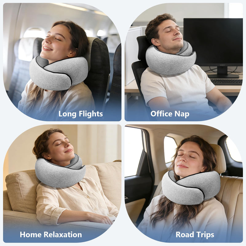 Purroch Travel Neck Pillow with 100% Pure Memory Foam, G - Shape, Includes Eye Mask & Ear Plugs, Ergonomic Design for Airplane, Car & Office, etc, Beige Gray