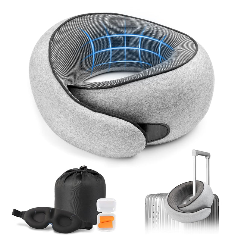 Purroch Travel Neck Pillow with 100% Pure Memory Foam, G - Shape, Includes Eye Mask & Ear Plugs, Ergonomic Design for Airplane, Car & Office, etc, Beige Gray