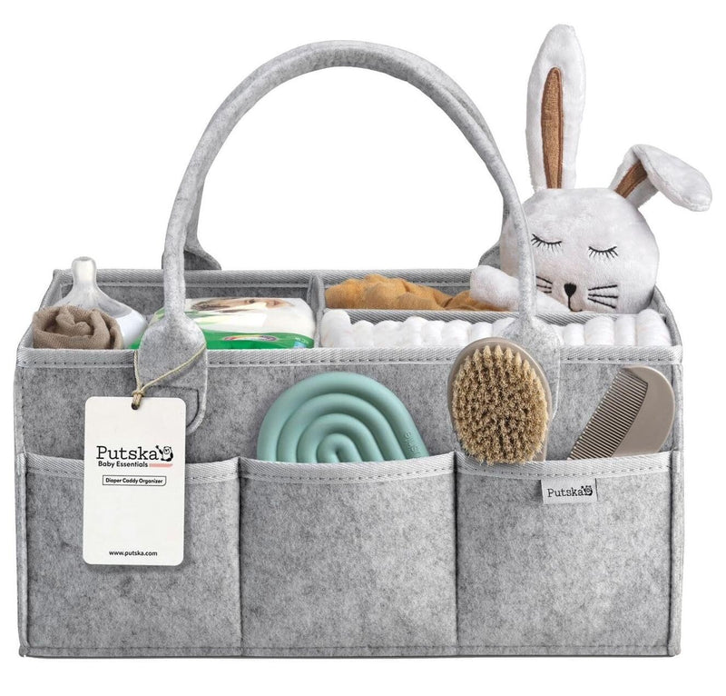 PUTSKA Baby Diaper Caddy Organizer - Nursery Storage Basket for Diaper Station, Baby Basket Shower Gift List and Registry Must - Have, Newborn Essentials, Nursery Decor for Boy or Girl - Grey, Large