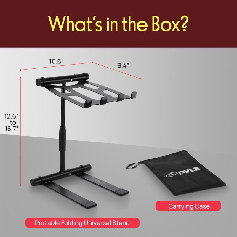 Pyle Portable Folding Laptop Stand - Standing Table with Adjustable Angle, Foldable Height and Four Prong Anti - Slip Tray for iPad, Tablet, DJ Mixer, Workstation, Gaming and Home Use - PLPTS55