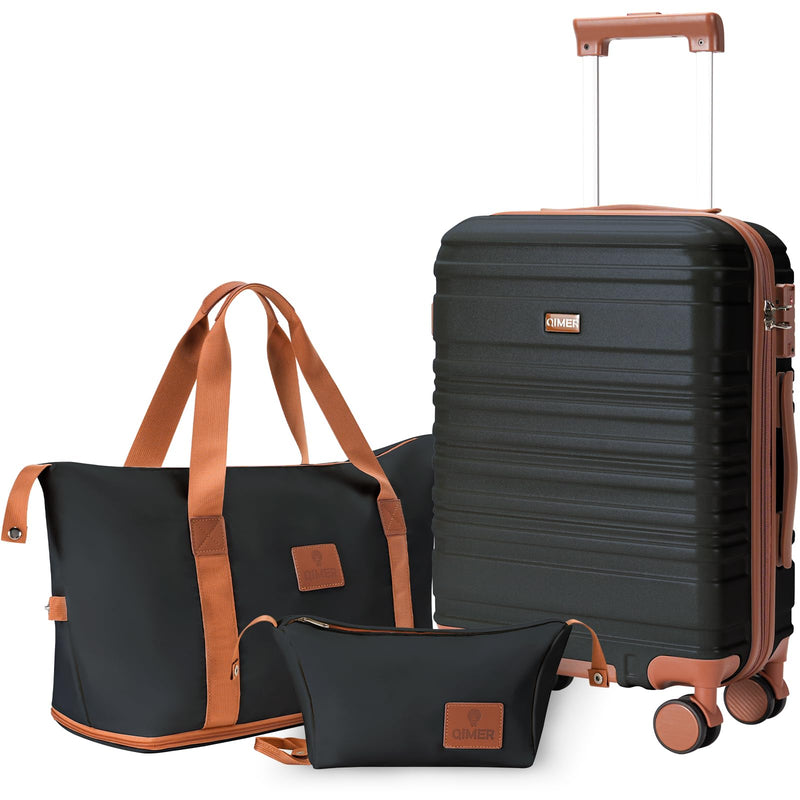 QIMER Carry on Luggage Set, 22x14x9 airline approved 100% PC hardshell, Lightweight TSA Locks Quiet Spinner Wheels Durable Zipper, Travel Luggage for Men Women, Y02 Black (20"/DB/TB) Slightly Small
