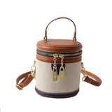 QsicTaco Retro Bucket Bag Color Contrast Cylinder Purse Senior Sense Style Single Shoulder Crossbody Handbag with Zipper (Brown)