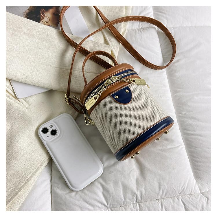 QsicTaco Retro Bucket Bag Color Contrast Cylinder Purse Senior Sense Style Single Shoulder Crossbody Handbag with Zipper (Brown)