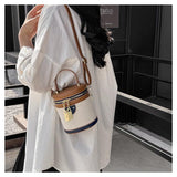 QsicTaco Retro Bucket Bag Color Contrast Cylinder Purse Senior Sense Style Single Shoulder Crossbody Handbag with Zipper (Brown)