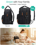 Qualyphant Extra Large Diaper Bag Backpack for Two Kids Twins - Expandable Baby Bag (26 - 36L), Dual Big Compartments - Includes Changing Pad & Stroller Straps, Unisex Black