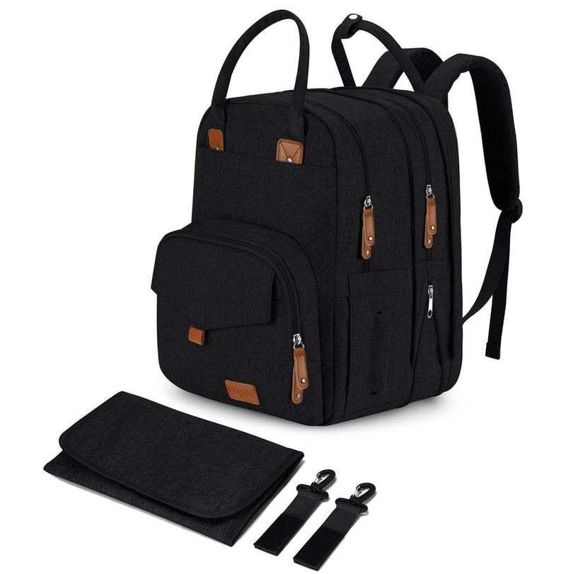 Qualyphant Extra Large Diaper Bag Backpack for Two Kids Twins - Expandable Baby Bag (26 - 36L), Dual Big Compartments - Includes Changing Pad & Stroller Straps, Unisex Black
