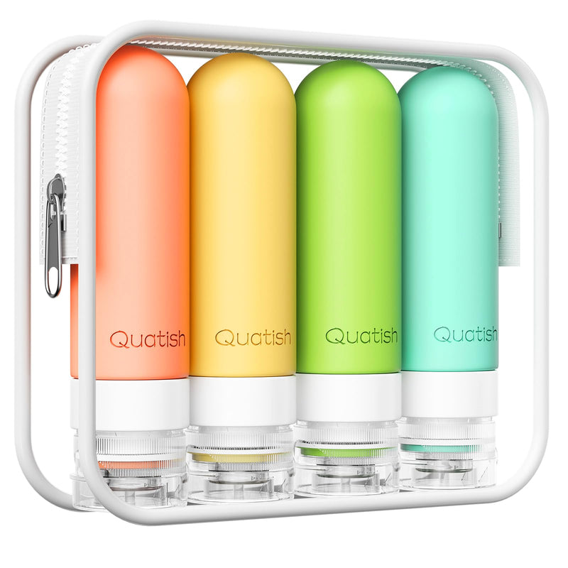 Quatish Travel Bottles for Toiletries, Original Patented Leak Proof Travel Size Containers, 3 oz Tsa Approved Silicone Shampoo and Conditioner Bottles, 4 Pack, Multi - Color