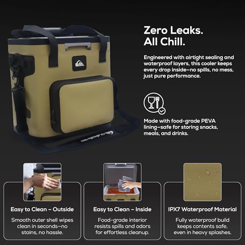 Quiksilver Zipperless Box Cooler 20L, Holds 24 Cans, 48 Hour Insulation, Leakproof & Waterproof Design, Heavy Duty TPU, IPX7, Padded Straps, Kangaroo Pockets, Bottle Opener (Cornstalk)