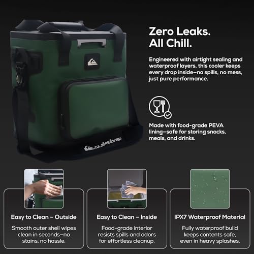 Quiksilver Zipperless Box Cooler 20L, Holds 24 Cans, 48 Hour Insulation, Leakproof & Waterproof Design, Heavy Duty TPU, IPX7, Padded Straps, Kangaroo Pockets, Bottle Opener (Trekking Green)