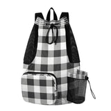 Quteprint Mesh Gym Swimming Bags for Men & Women, Black White Buffalo Plaid Large Drawstring Backpack with Dry - Wet Pocket, Lightweight Gym Bag for Sports, Travel, Beach, Workout Gear