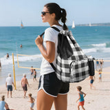 Quteprint Mesh Gym Swimming Bags for Men & Women, Black White Buffalo Plaid Large Drawstring Backpack with Dry - Wet Pocket, Lightweight Gym Bag for Sports, Travel, Beach, Workout Gear