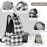 Quteprint Mesh Gym Swimming Bags for Men & Women, Black White Buffalo Plaid Large Drawstring Backpack with Dry - Wet Pocket, Lightweight Gym Bag for Sports, Travel, Beach, Workout Gear