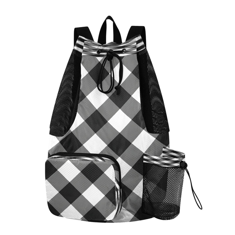 Quteprint Mesh Gym Swimming Bags for Men & Women, Black White Plaid Buffalo Large Drawstring Backpack with Dry - Wet Pocket, Lightweight Gym Bag for Sports, Travel, Beach, Workout Gear