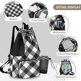 Quteprint Mesh Gym Swimming Bags for Men & Women, Black White Plaid Buffalo Large Drawstring Backpack with Dry - Wet Pocket, Lightweight Gym Bag for Sports, Travel, Beach, Workout Gear