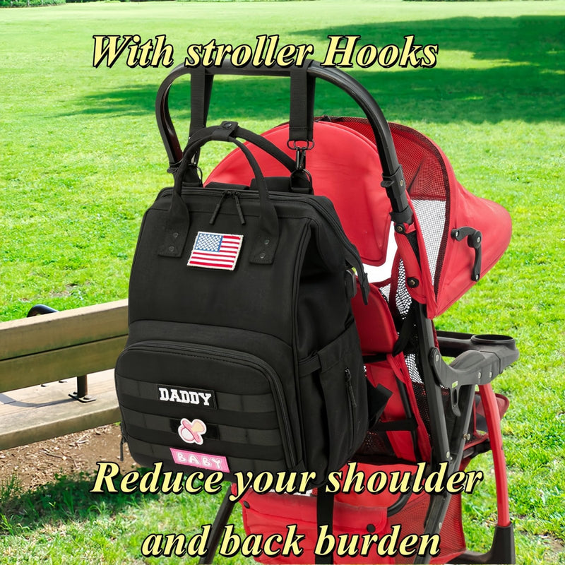 QWREOIA Diaper Bag Backpack for Dad and Mom with USB Charging Port Stroller Straps and Insulated Pocket,army military Travel Nappy Backpack for Daddy/Mommy (Black)