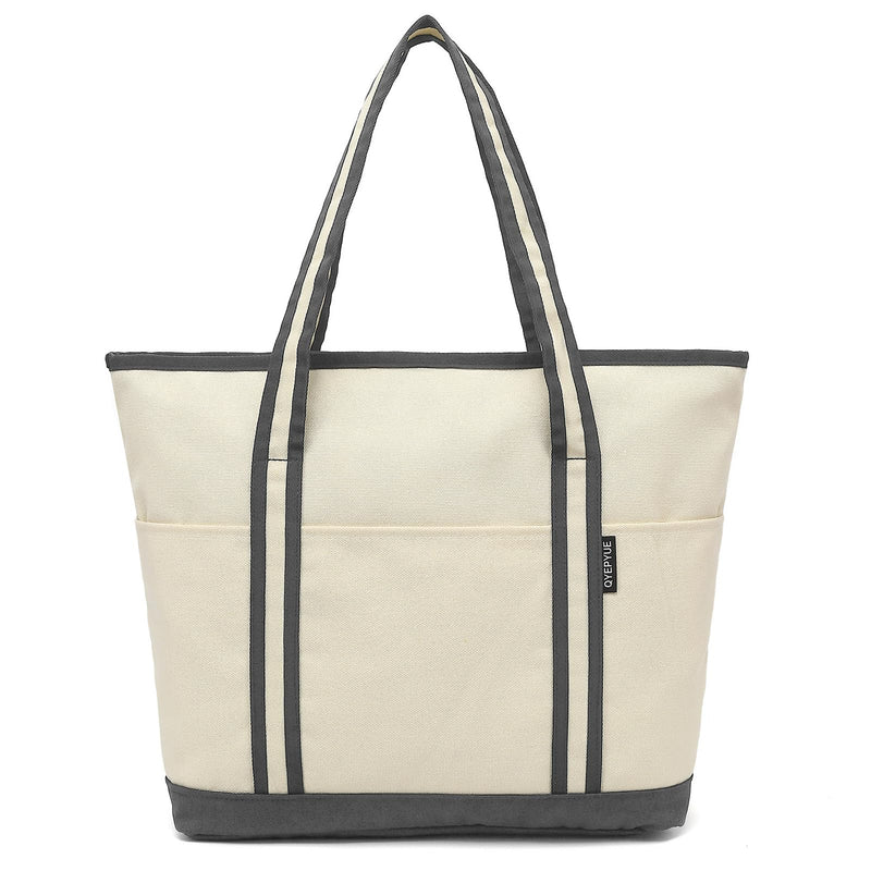 QYEPYUE Large Canvas Tote Bag for Women, Beach Bag with Zipper, Utility Tote Bag with 3 Front Pockets, Weekender Pool Bag