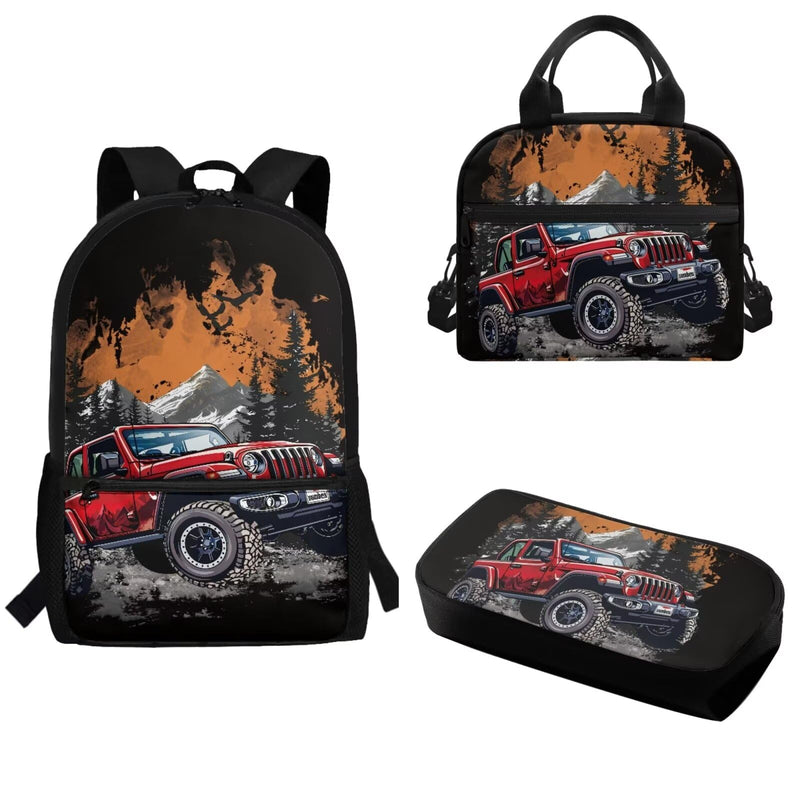 Qznuberone 3pcs Backpack Sets Jeep for Kindergarten,Elementary Middle school Large Capacity Adjustable Shoulder Strap School Bag With Lunch Box Pencil Case