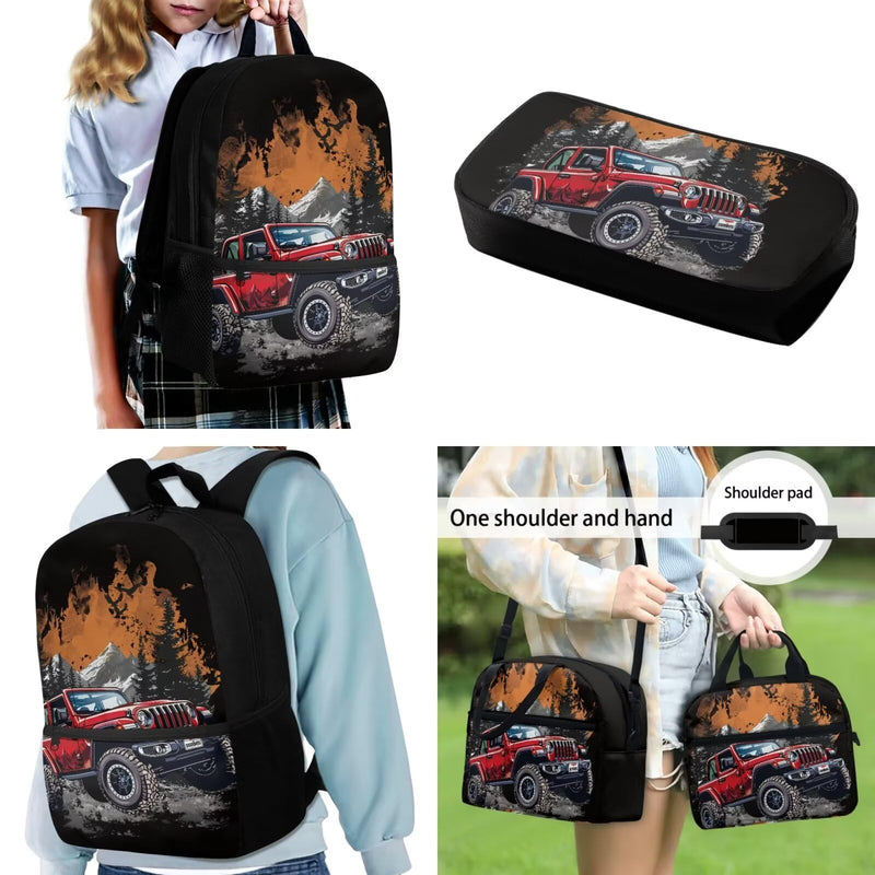 Qznuberone 3pcs Backpack Sets Jeep for Kindergarten,Elementary Middle school Large Capacity Adjustable Shoulder Strap School Bag With Lunch Box Pencil Case