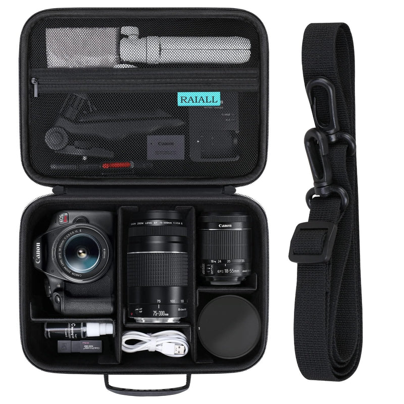 RAIALL Camera Case for Canon EOS Rebel T7/R50/R50V/R100/R6 Mark II/R5/ R8/R10/RP/R7/Sony/Nikon D7500 DSLR Camera, Lens, Tripod, Hard Protective Travel Bag with a Shoulder Strap and 5 Dividers, Black