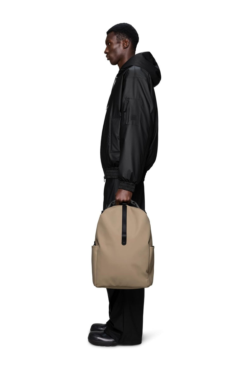 RAINS Clip Front Backpack Beige - Waterproof Commuter Backpack with C - Clip Closure & Hidden Pocket, 16″ Laptop Sleeve, Urban Travel Daypack