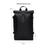RAINS Rolltop Rucksack Large – Black Waterproof Rolltop Backpack Water Resistant Water Repellent Commuter Travel Pack Urban Minimalist Design – 2 Year Warranty