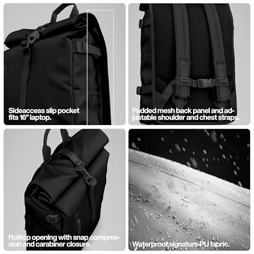 RAINS Rolltop Rucksack Large – Black Waterproof Rolltop Backpack Water Resistant Water Repellent Commuter Travel Pack Urban Minimalist Design – 2 Year Warranty