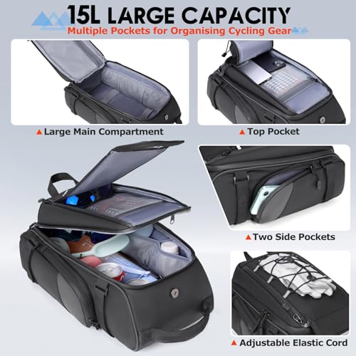 RAINSMORE Bike Bags for Bicycle Rear Rack 15L Waterproof Bike Ebike Trunk Pannier Saddle Bag with Rain Cover Bike Accessories Backpack Shoulder Bag for Commuter Travel Outdoor, Black
