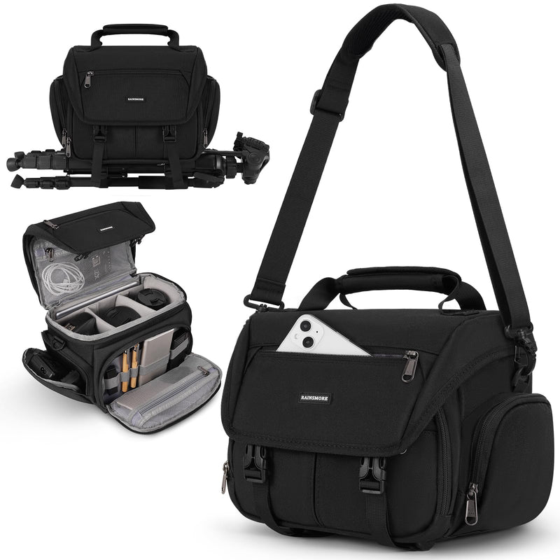 RAINSMORE Camera Bag, DSLR/SLR/Mirrorless Camera Sling Bag for Photographers Waterproof Small Camera Case with Tripod Holder & Rain Cover Camera Crossbody Bag for Canon/Nikon/Sony/Fuji, Black
