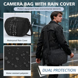 RAINSMORE Camera Bag, DSLR/SLR/Mirrorless Camera Sling Bag for Photographers Waterproof Small Camera Case with Tripod Holder & Rain Cover Camera Crossbody Bag for Canon/Nikon/Sony/Fuji, Black