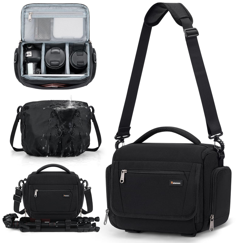 RAINSMORE Camera Bag, SLR/DSLR/Mirrorless Camera Case with Divider Tripod Holder Waterproof Sling Bag Crossbody Camera Bags for Photographers with Rain Cover for Canon/Sony/Nikon/Fuji, Black