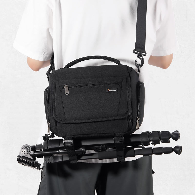 RAINSMORE Camera Bag, SLR/DSLR/Mirrorless Camera Case with Divider Tripod Holder Waterproof Sling Bag Crossbody Camera Bags for Photographers with Rain Cover for Canon/Sony/Nikon/Fuji, Black