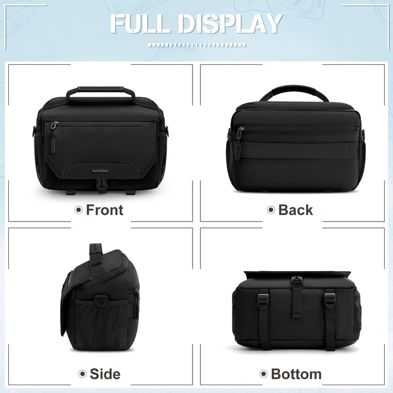 RAINSMORE Camera Bag, Small DSLR/SLR/Mirrorless Camera Sling Bag Waterproof Camera Case with Tripod Holder & Rain Cover Compact Crossbody Camera Bags for Photographers Everyday Shoulder Bags, Black